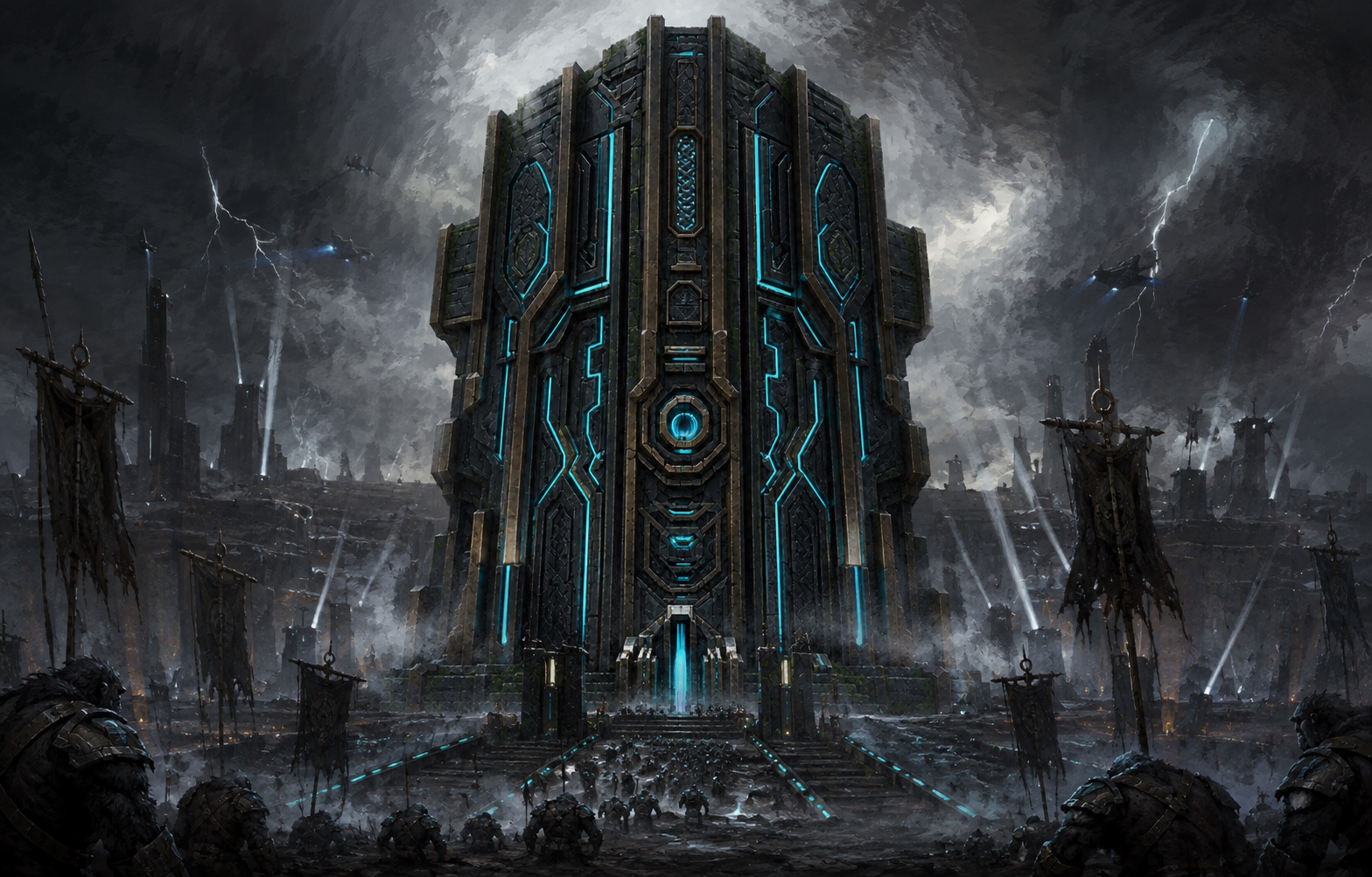 A hand-painted Farm Plasma campaign scene of a colossal Aegis rising over legionaries and war standards in an electrical storm