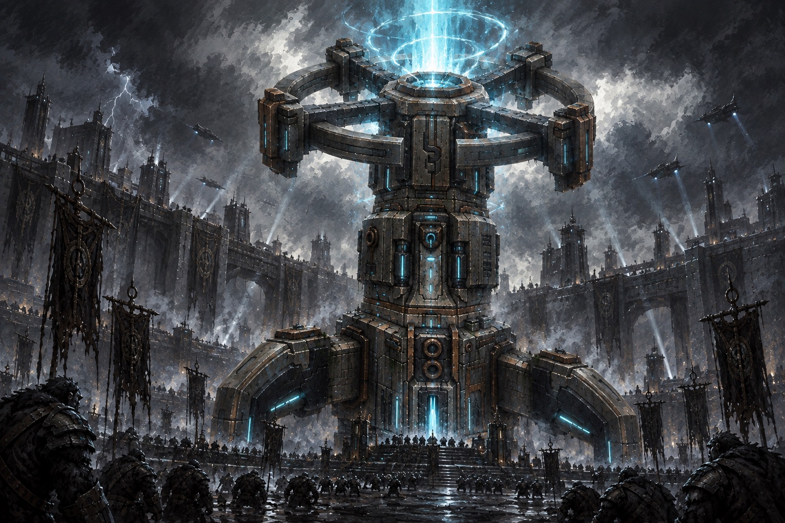 A painted Summoner Collider towering over legionaries, its circular deployment ring opening a cyan breach above four stabilizing arms