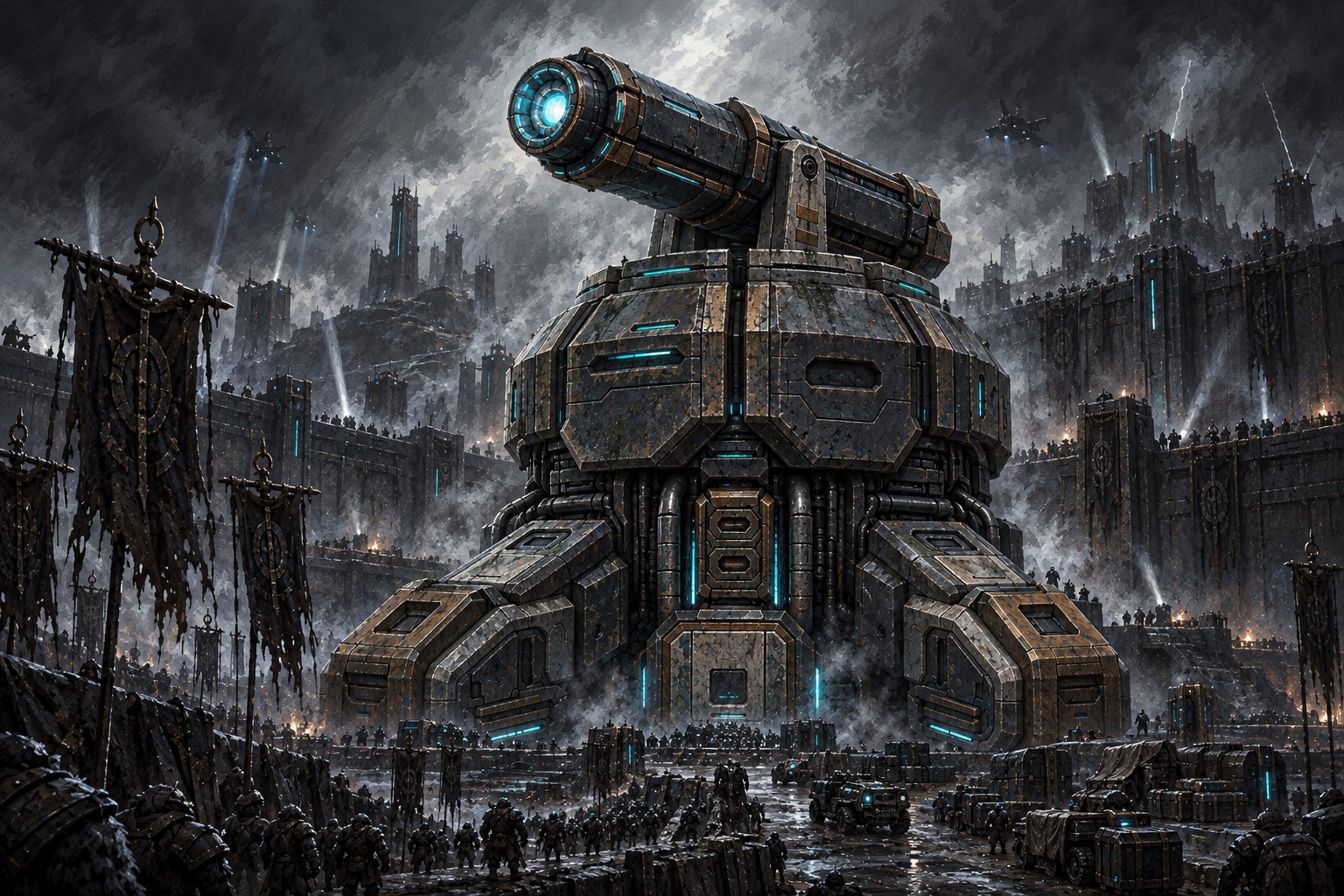 A painted Farm Plasma Command Center with three armored feet and a raised plasma cannon guarding a fortified warfront