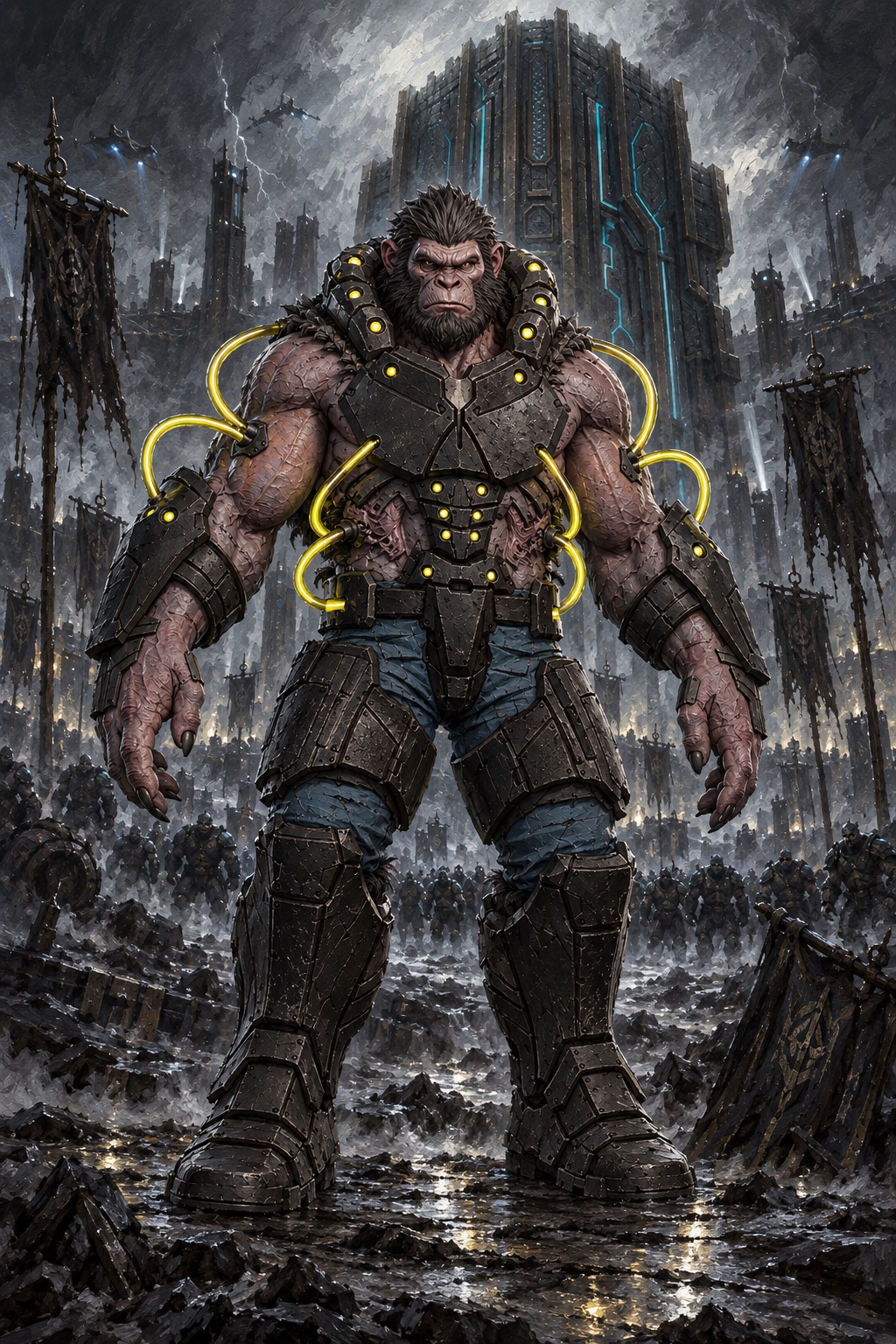 A painted field portrait of Gravespine holding the line in black armor with luminous yellow cables