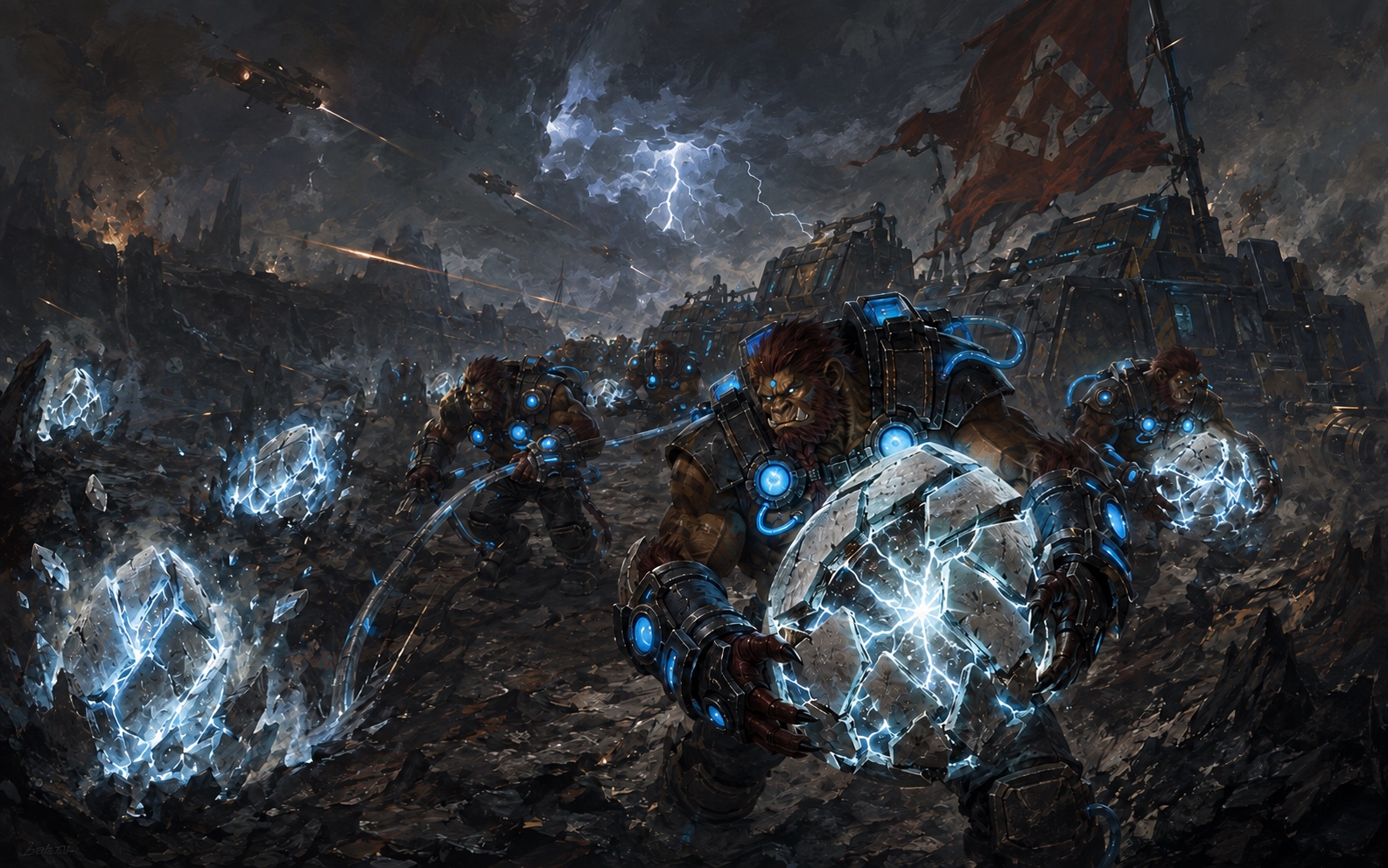 A hand-painted Farm Plasma battle scene of armored Harvesters pulling luminous plasma orbs from a volcanic trench under fire