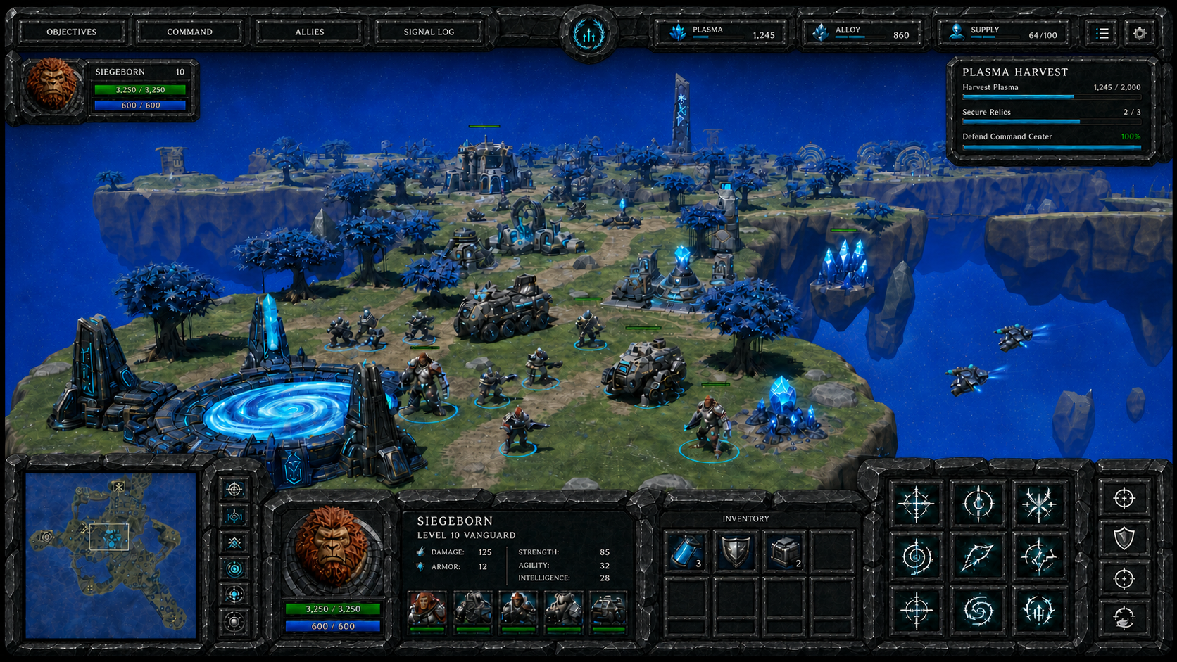 Farm Plasma battlefield with a compact black obsidian strategy interface, commander status, objectives, resources, minimap, inventory, and ability controls