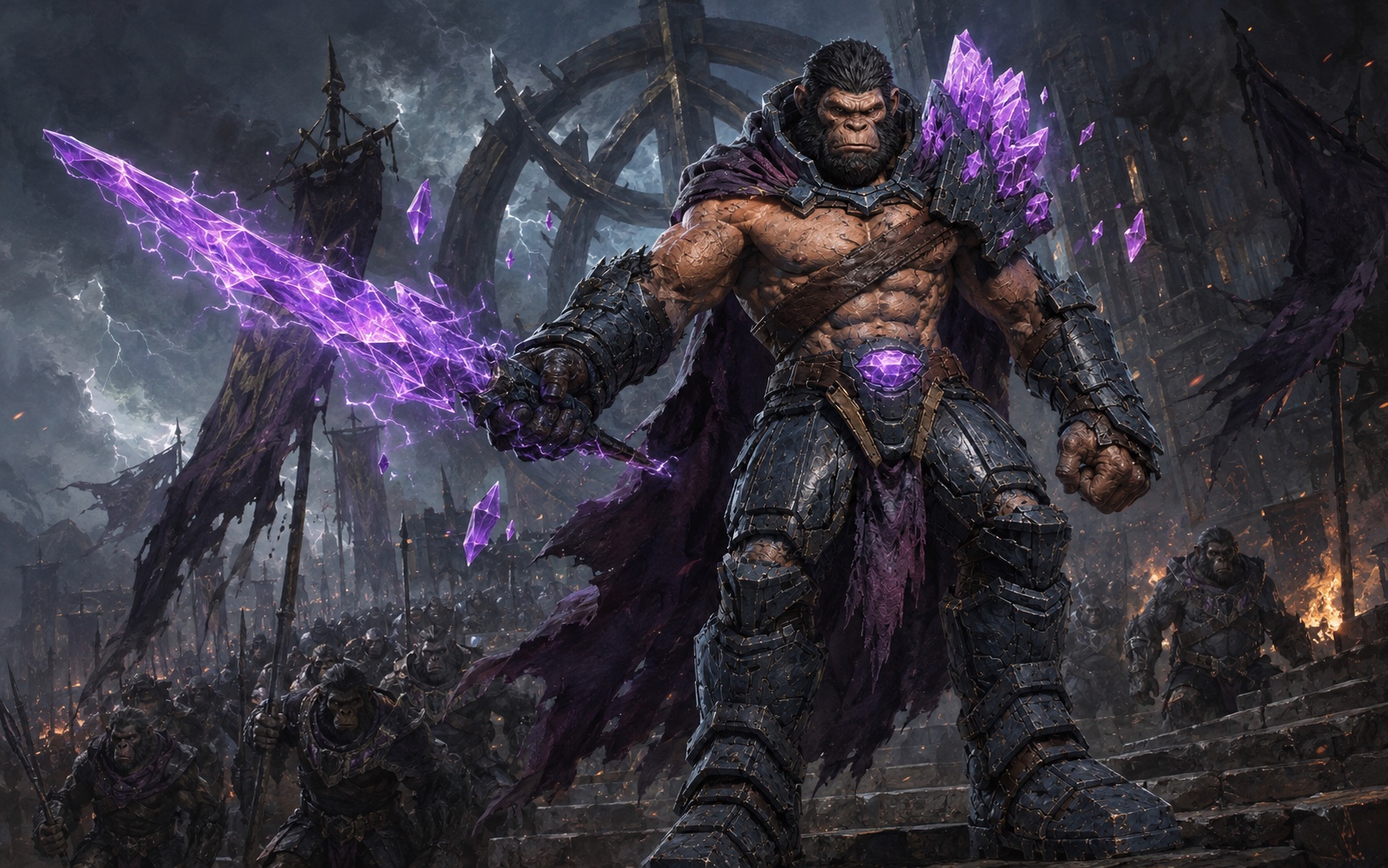 A hand-painted Farm Plasma war portrait of Shardbound leading a legion through a ruined stronghold with a projected crystal weapon