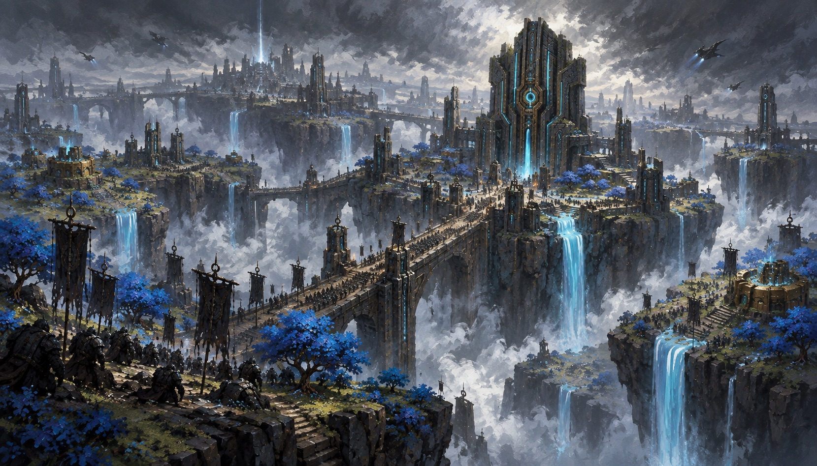 A painted Farm Plasma warfront of fractured plateaus, cobalt groves, cyan waterfalls, and monumental citadels beneath a storm