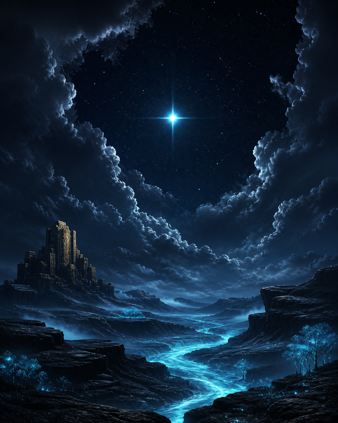 An original MERI-ATH vista: a cyan star framed by storm clouds, an ancient bronze Aegis stronghold and luminous blue rivers between obsidian plateaus.